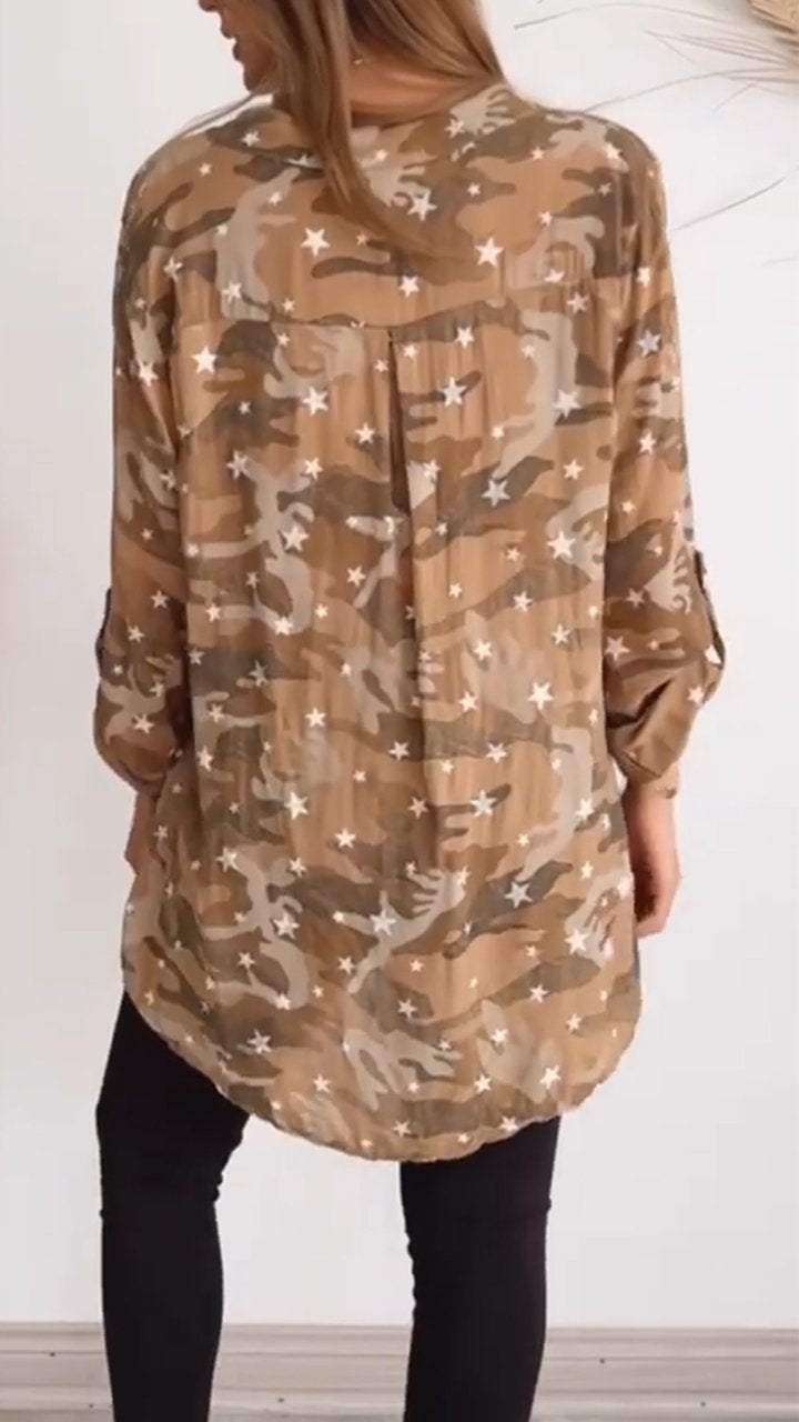 Women's Casual Camouflage Star Print Sequin Pocket Long Sleeve Top top