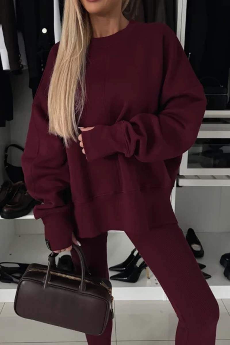 Women's Fall/winter Solid Color Crew-neck Side Slit Hoodie Set Pant sets Sets Two piece sets