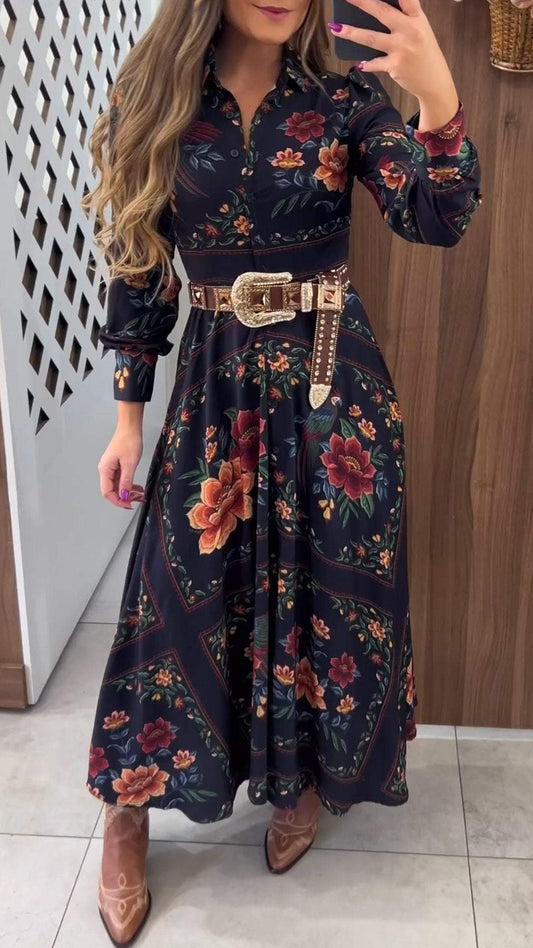 Women's Lapel Long Sleeve Retro Print Casual Dress dress