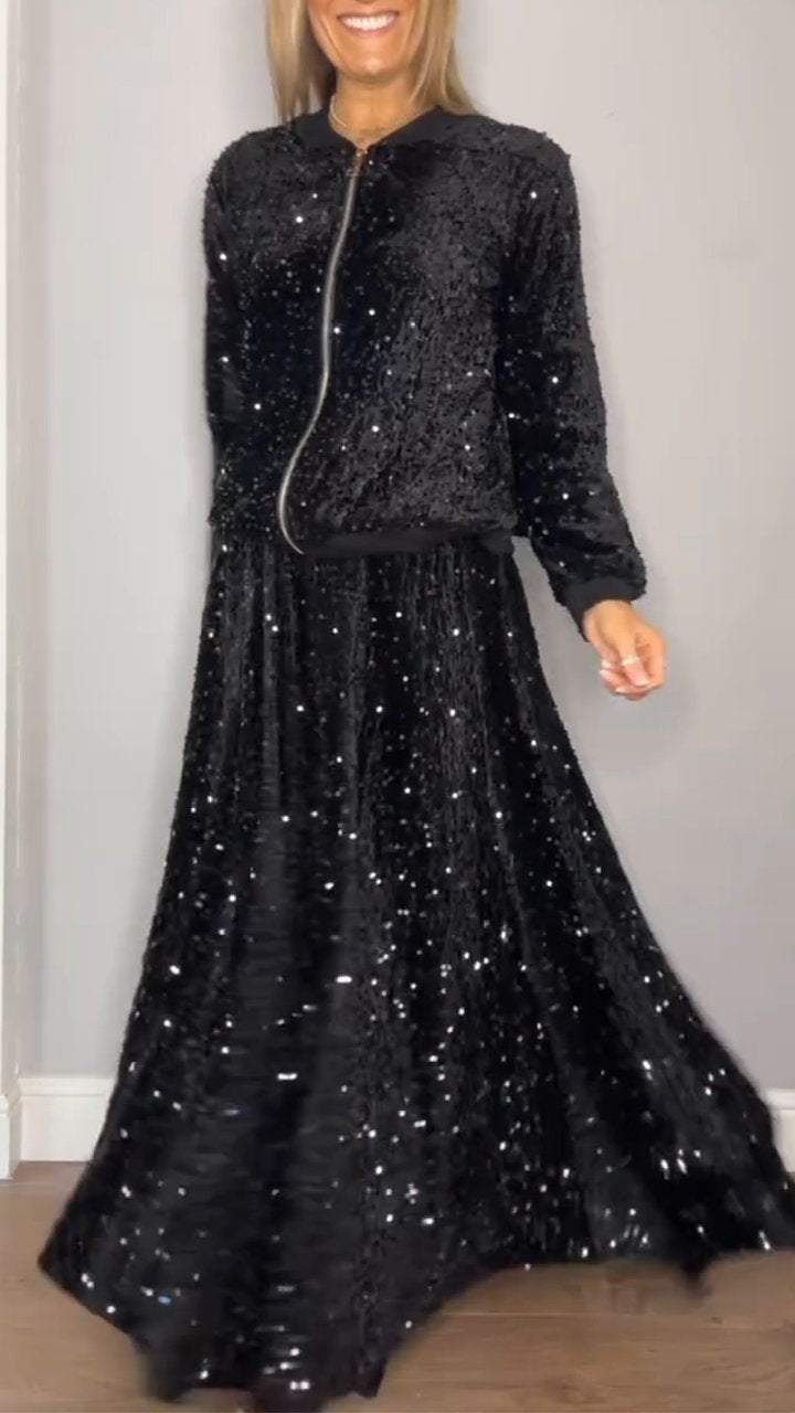 Women's Sequined Casual Coat + Sequined Skirt Sets Two piece sets