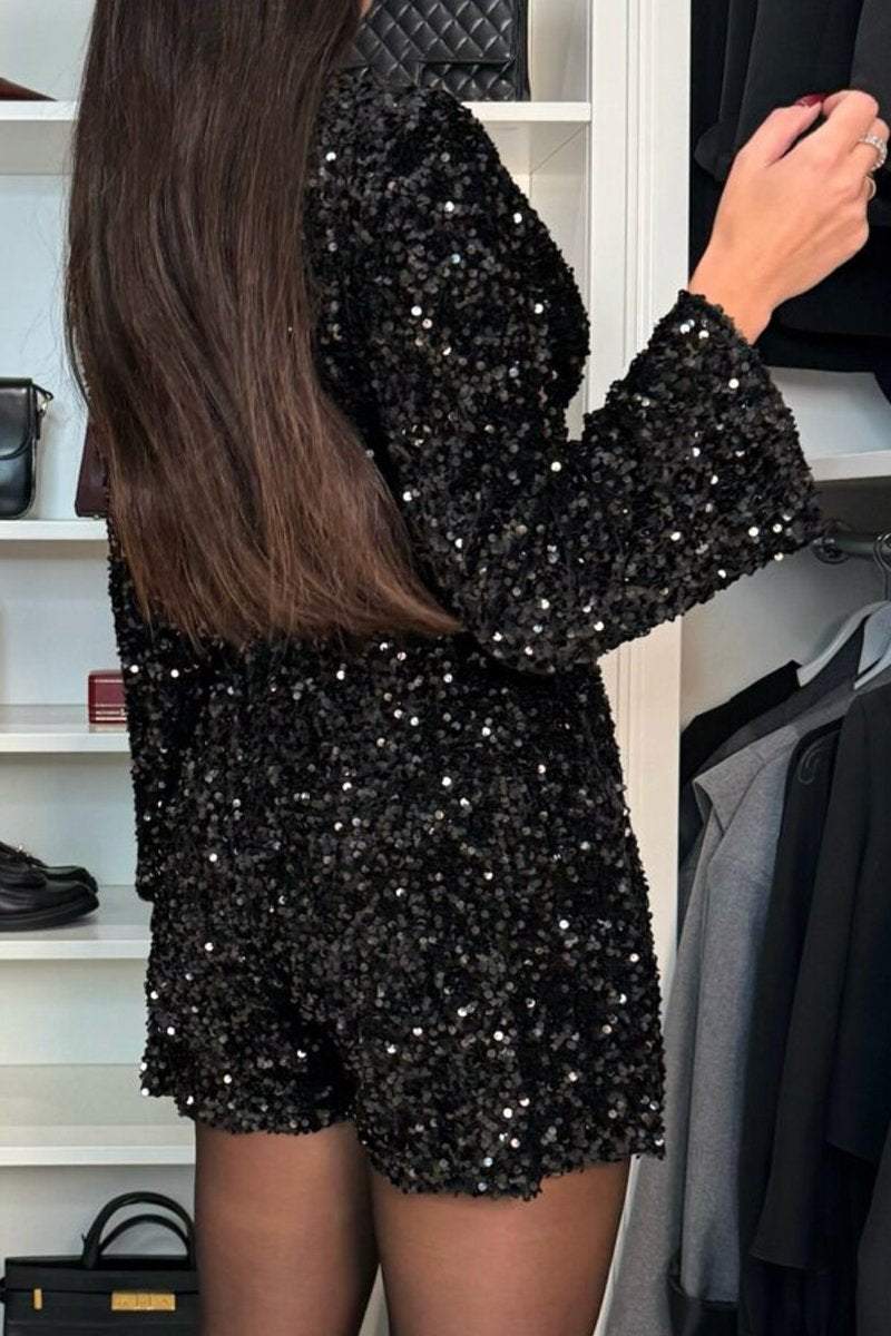 Women's V-neck Long-sleeved Sequined Temperament Jumpsuit Jumpsuit Party Dress Set