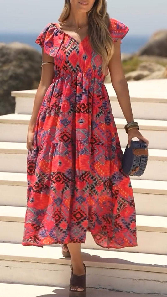 Women's V-neck Short-sleeved Printed Casual Dress dress