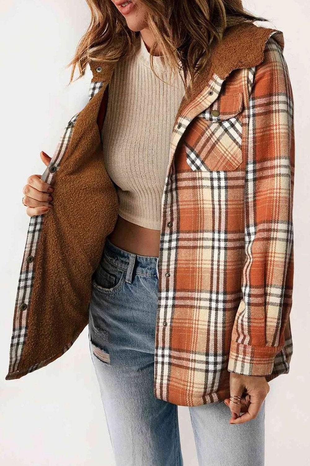 Plaid Pattern Sherpa Lined Hooded Shacket Hooded Tops