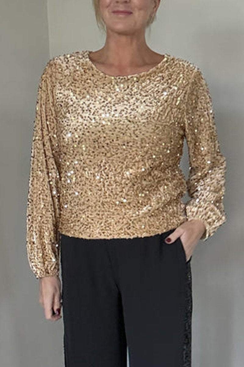 Women's Round Neck Long Sleeve Sequined Party Top Shirts & Blouse Top