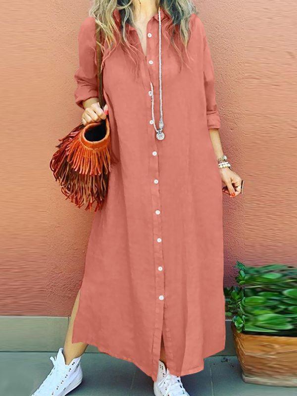 Women's Lapel Long-sleeved Cardigan Cotton and linen Dress Cotton and linen Dress