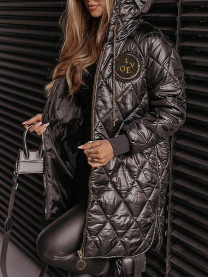 Women's Hooded Long-sleeved Diamond-patterned Casual Cotton Coat Coats Tops