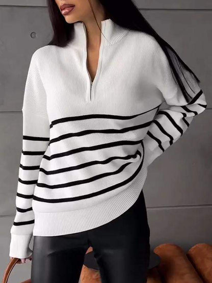 Women's Stand Collar Striped Knitted Top Cotton Top