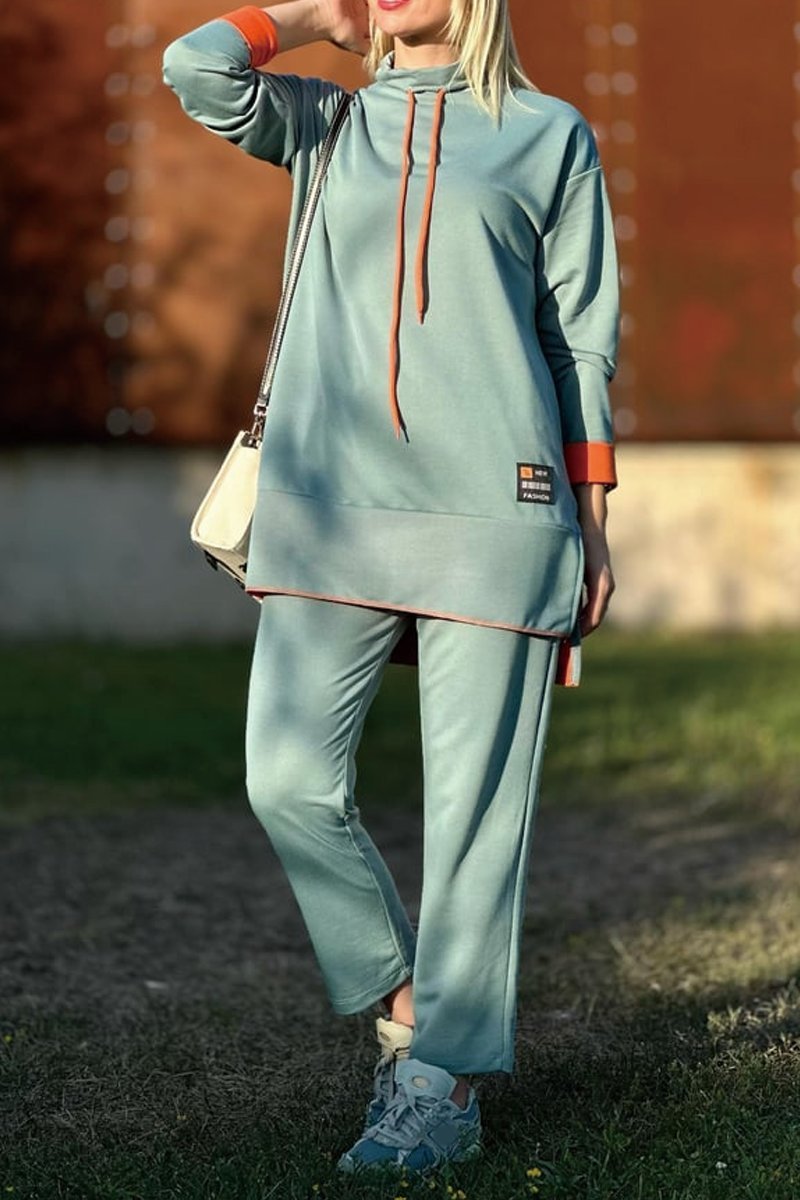 Women's long contrast color sweatshirt suit Suits Two-piece set