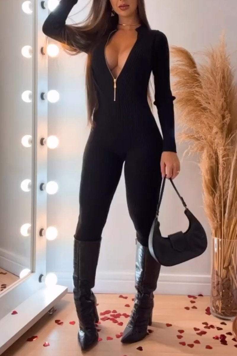 Women's Solid Color Zipper-tight Jumpsuit jumpsuits sets