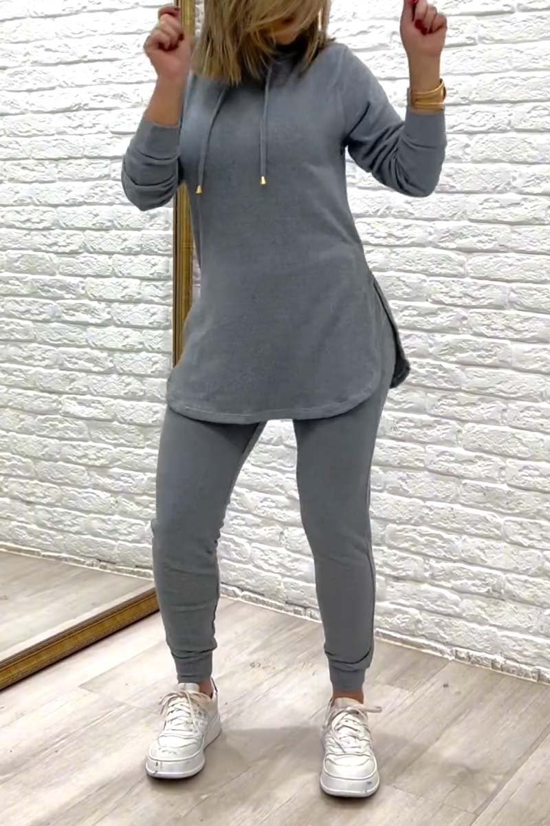 Women's casual sports slit hooded knitted suit Set Two-Piece Set