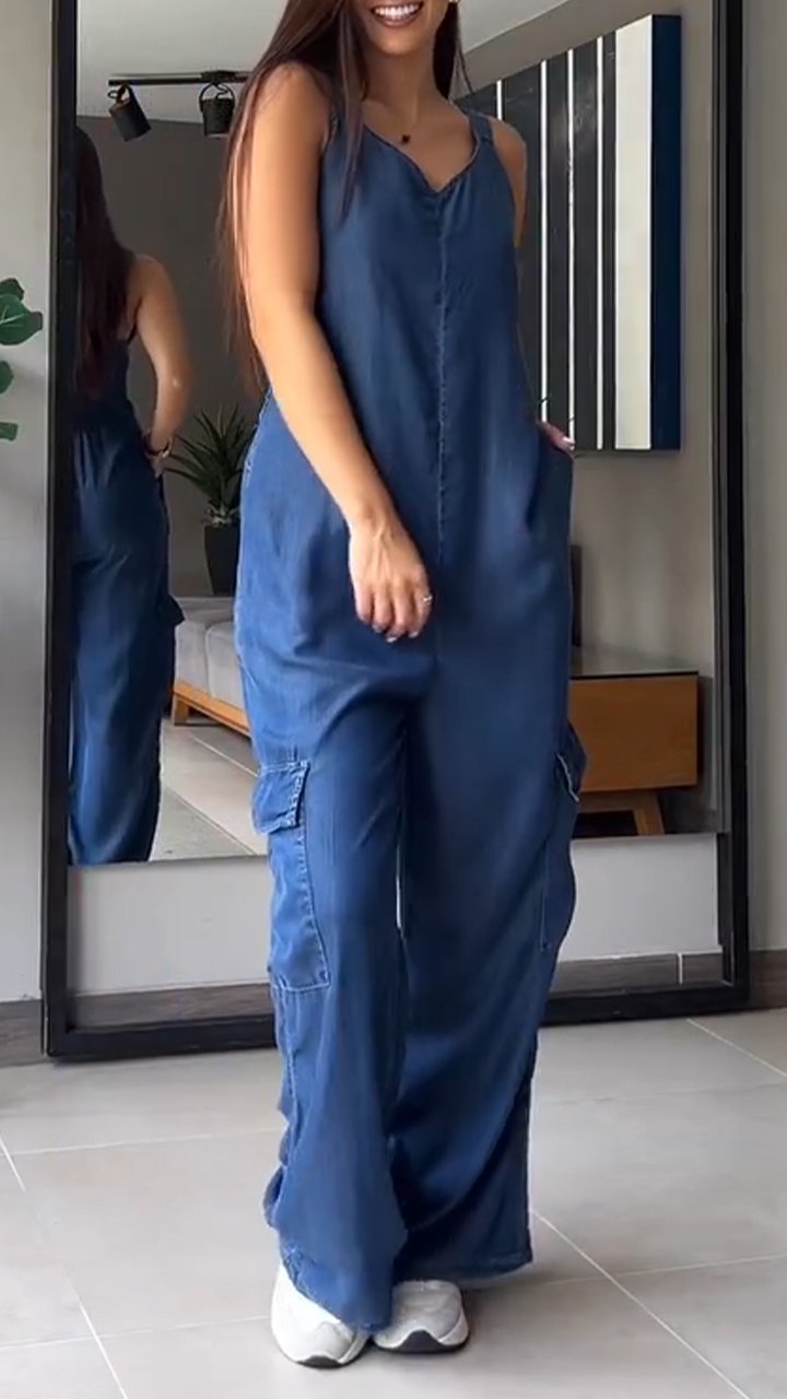 Thin Denim Cargo Pocket V-neck Jumpsuit Jumpsuit pants tops