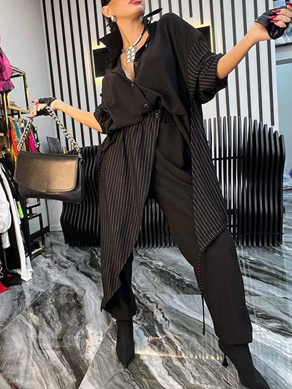 Women's Lapel Mid-length Sleeve Striped Patchwork Casual Suit Set