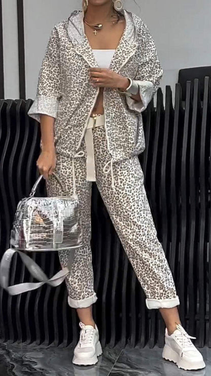 Women's Leopard-print Cardigan Short Suit suit