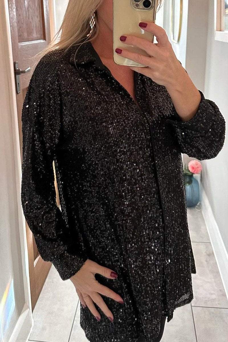 Women's Lapel Single Breasted Sequin Party Shirt Shirts & Blouse Top