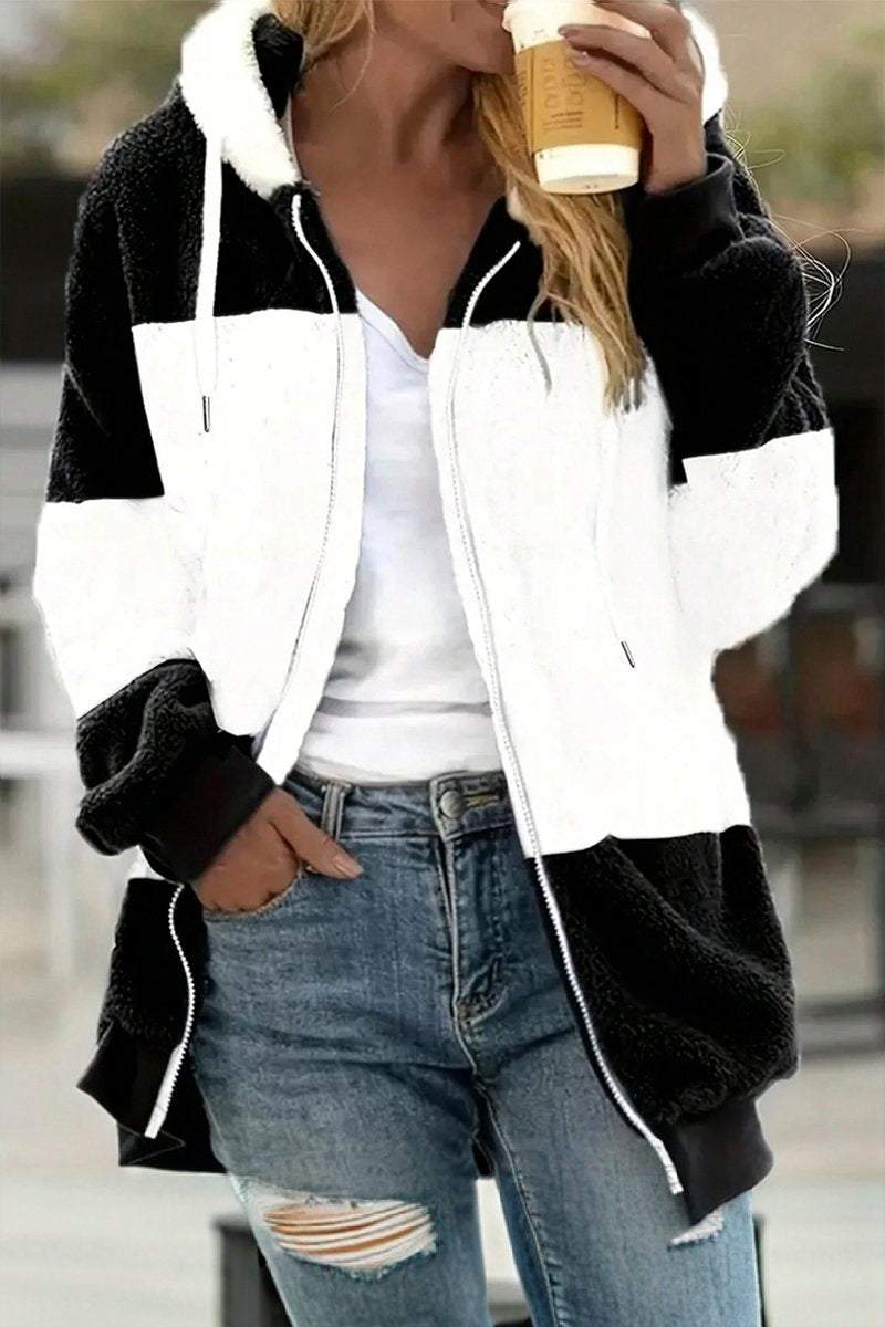 Women's Casual Plush Patchwork Contrast Color Hooded Jacket coat Top