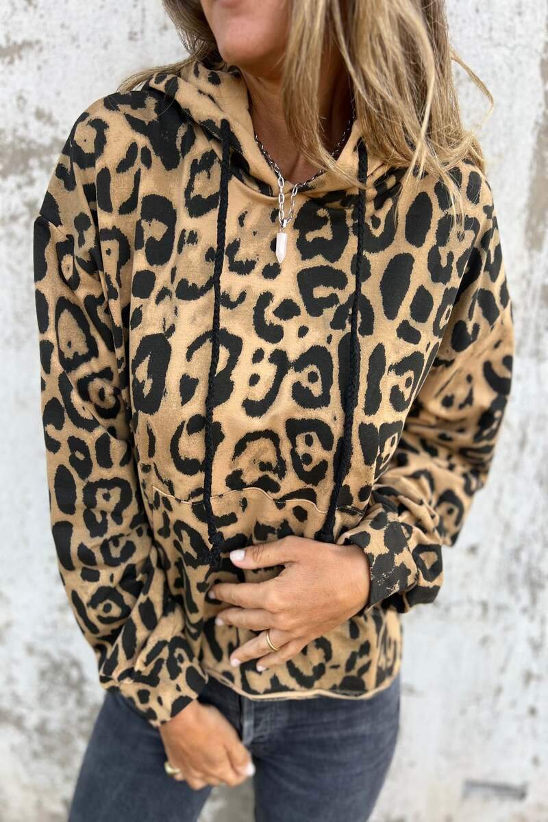 Women 's Leopard Print Hooded Long Sleeved Hoodie Top Hoodies Tops