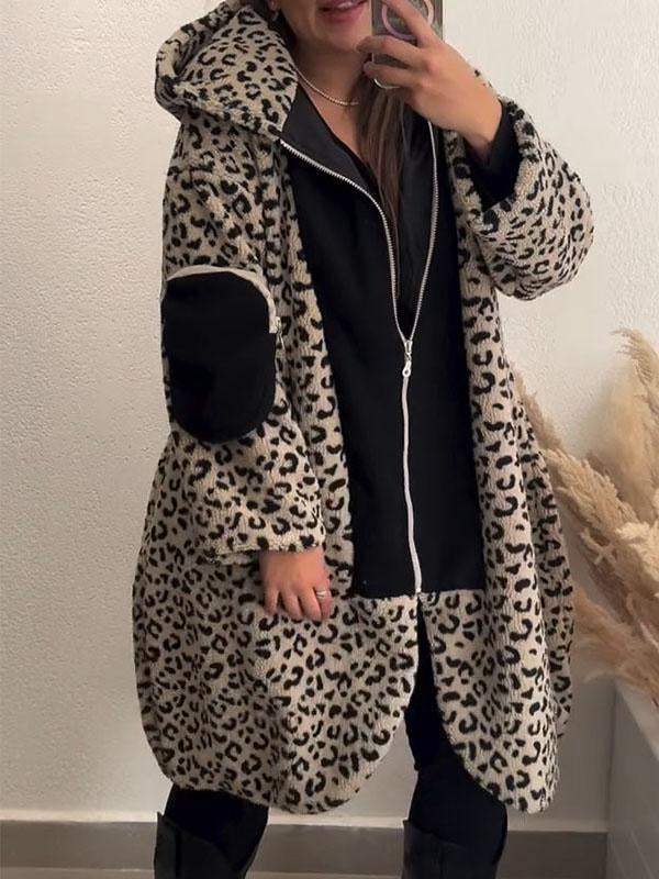 Women's Leopard Print Long Sleeve Hooded Coat Coat Tops