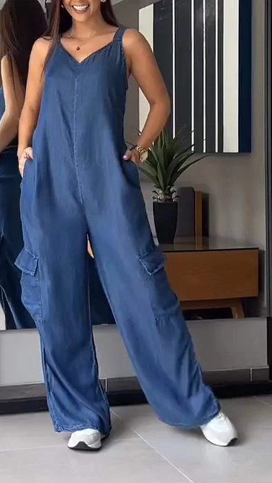 Thin Denim Cargo Pocket V-neck Jumpsuit Jumpsuit pants tops