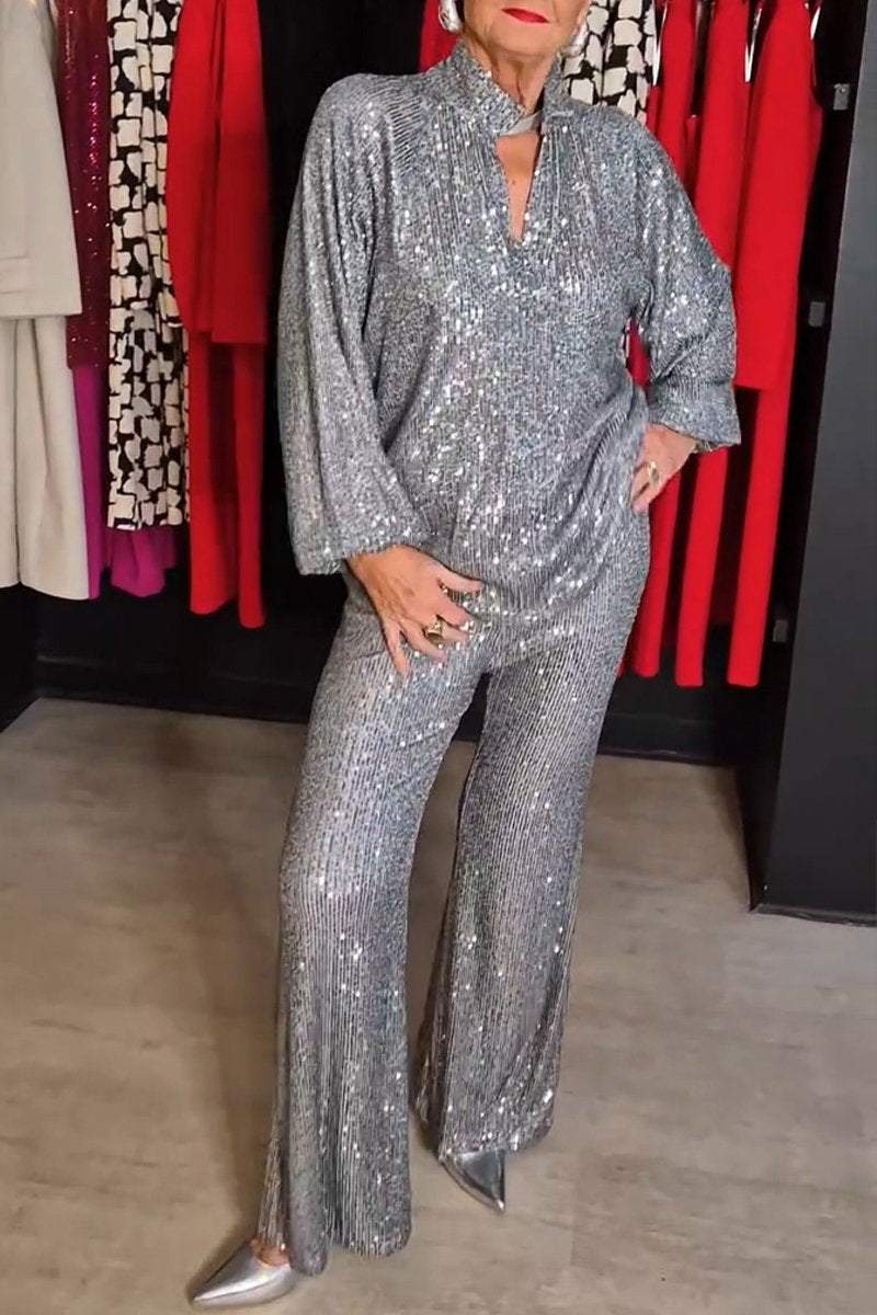 Women's Spring and Fall V-neck Top and Pants Sequined Suit Sets Two piece sets