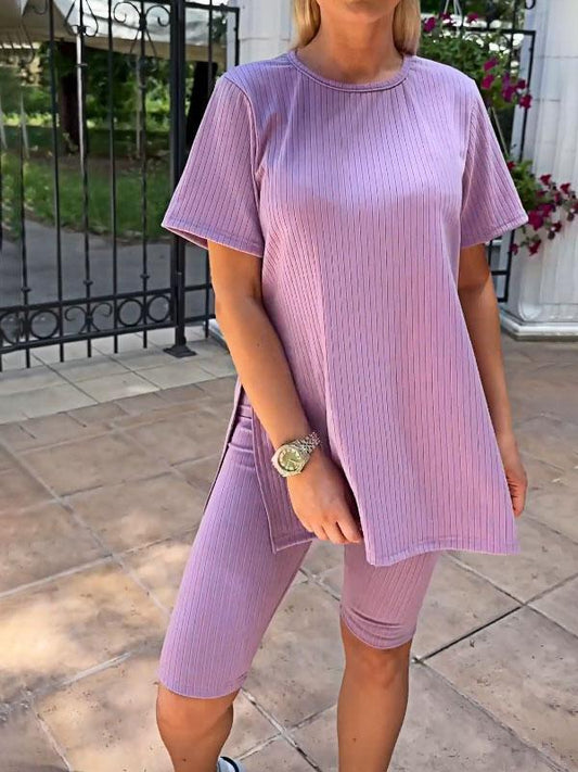 Women's Solid Color Stretch Knit Top and Shorts Two-piece Set Set