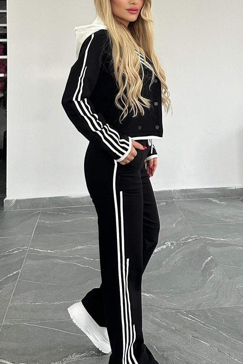 Women's Contrast Web Hooded Pants Suit Sets Two piece sets