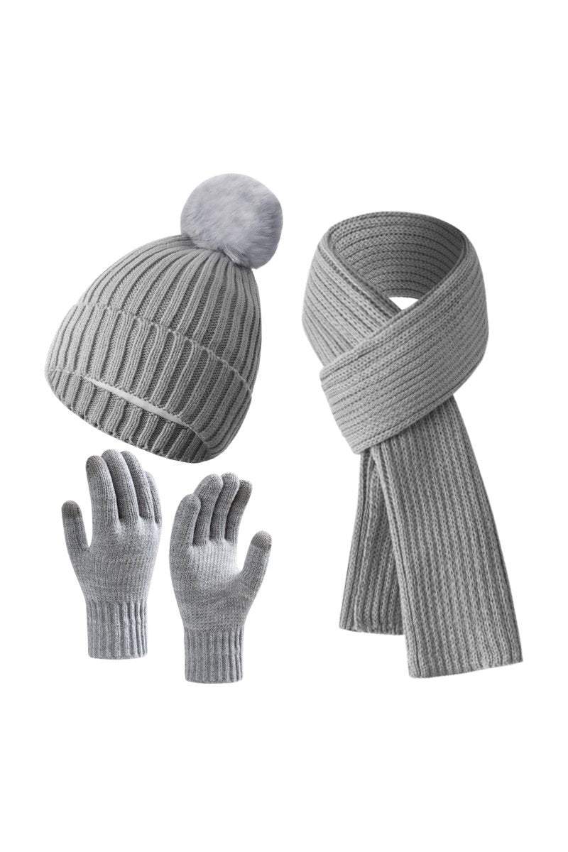 Knitted Hat, Double-layer Fleece Warm Wool Scarf, Gloves, Three-piece Set Gloves Hat Scarf Three-piece Set