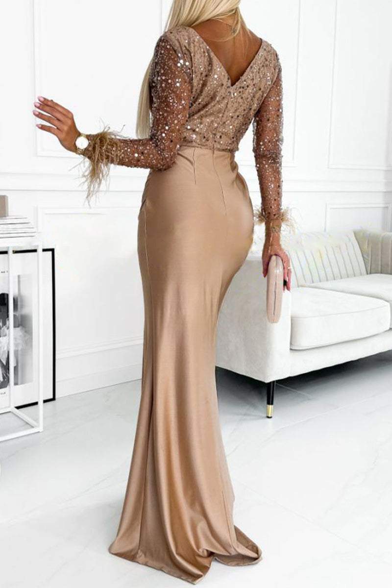 Women's V-neck Sexy Slit Slim Fit Sequined Feather Stitching Maxi Dress Dress Maxi Dress