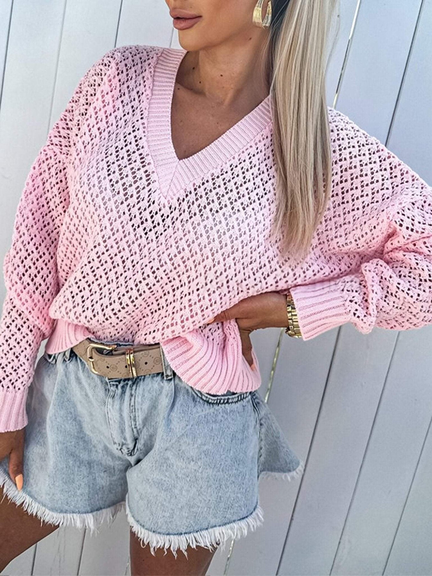 Women's V-neck Solid Color Sweater Cotton Sweater