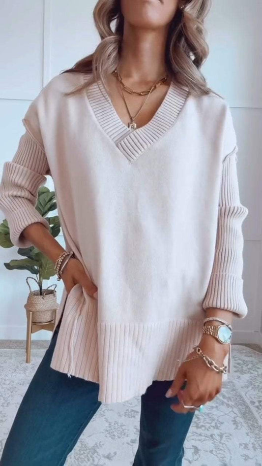 Women's V-neck Slit Knit Blouse Blouse Tops