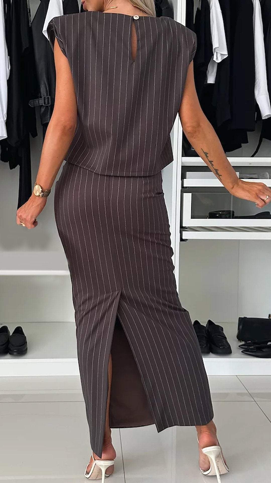 Women's Sleeveless Striped Elegant Commuter Suit Set