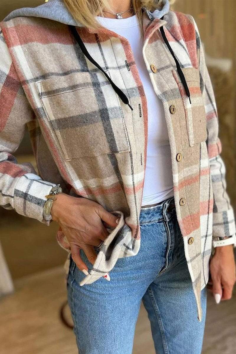 Casual Plaid Button-down Long-sleeve Hooded Shirt Shirt Tops