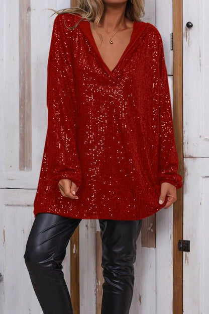 Women's Casual Solid Color V-neck Sequined Hooded Top T-shirts Top