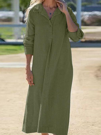 Women's Cotton Lapel Long Sleeve Long Shirt Dress Cotton and linen Dress Shirt Dress