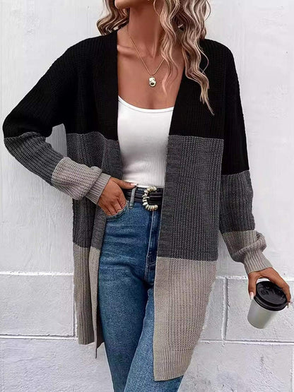 Women's Casual Contrast Color Mid-Length Knitted Cardigan Cardigan