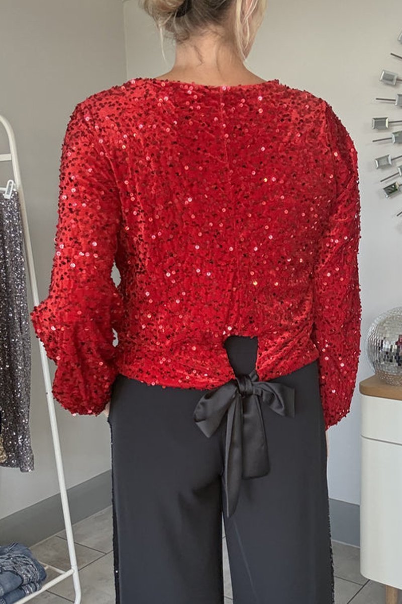 Women's Round Neck Long Sleeve Sequined Party Top Shirts & Blouse Top