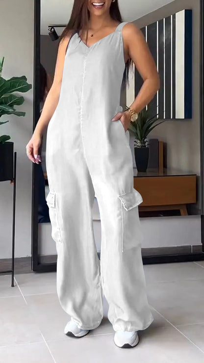 Thin Denim Cargo Pocket V-neck Jumpsuit Jumpsuit pants tops