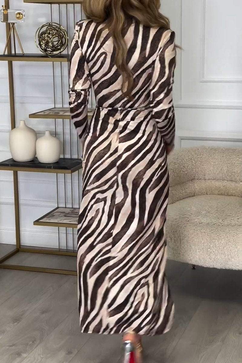 Women's V-neck Long-sleeved Zebra Print Slim Dress Dress Maxi Dress