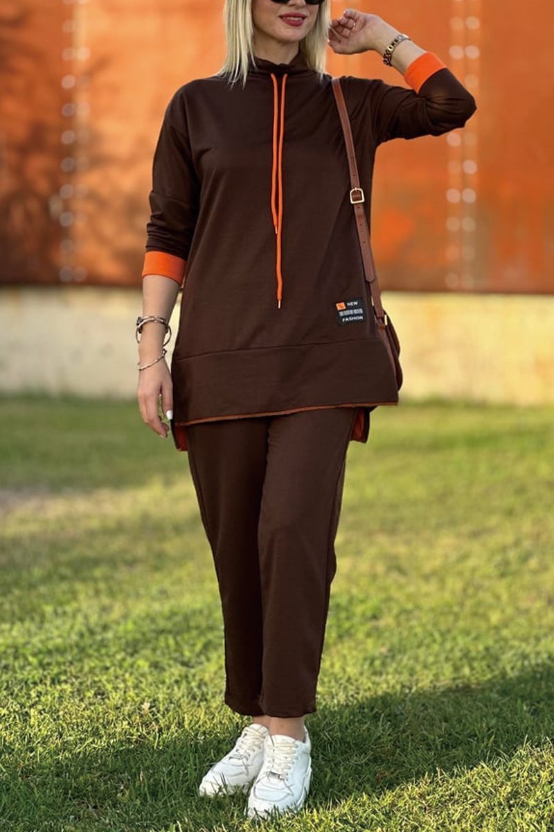 Women's long contrast color sweatshirt suit Suits Two-piece set