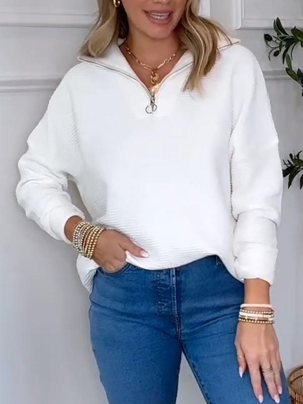 Women's Casual V-neck Half-zip Long-sleeved Top Cotton Top