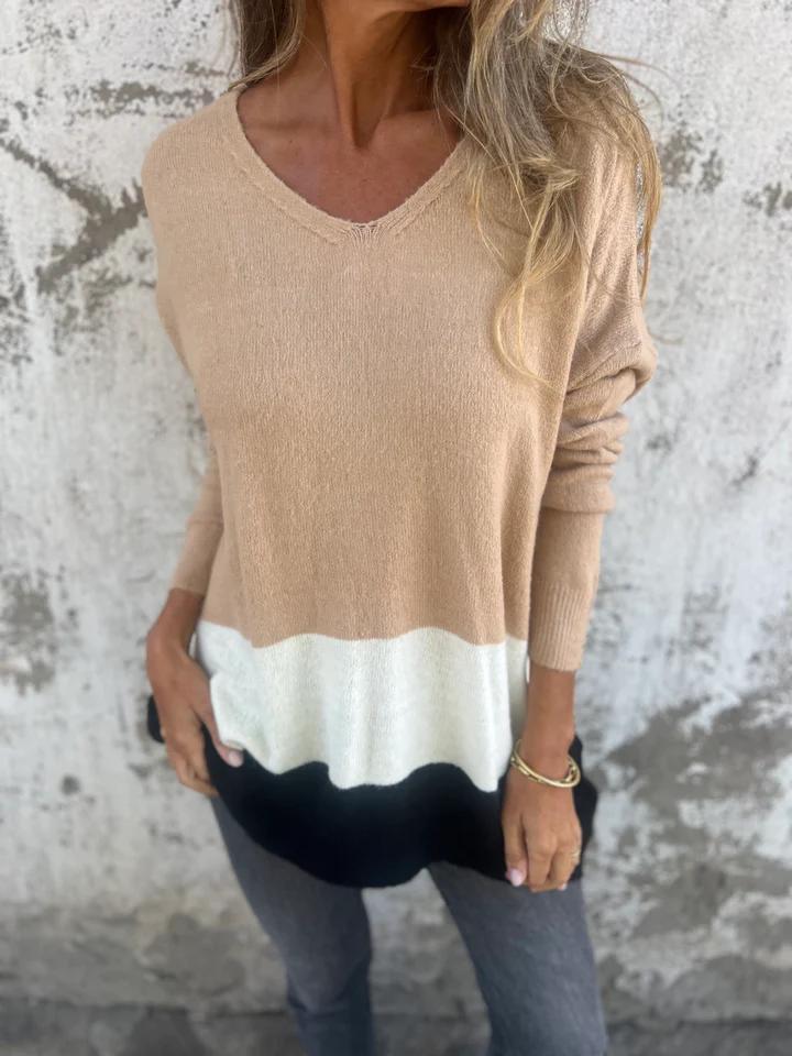 Casual V-neck Color Block Top cotton Top