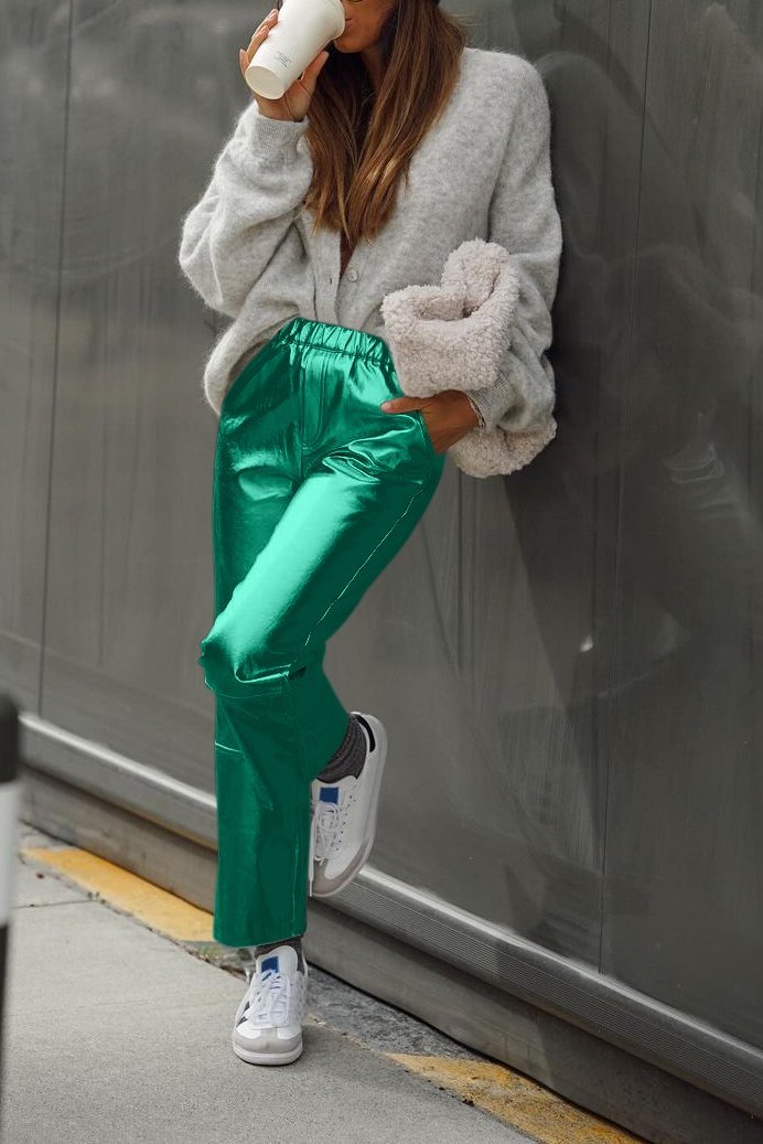 Women's casual solid color metallic straight pants bottoms pants