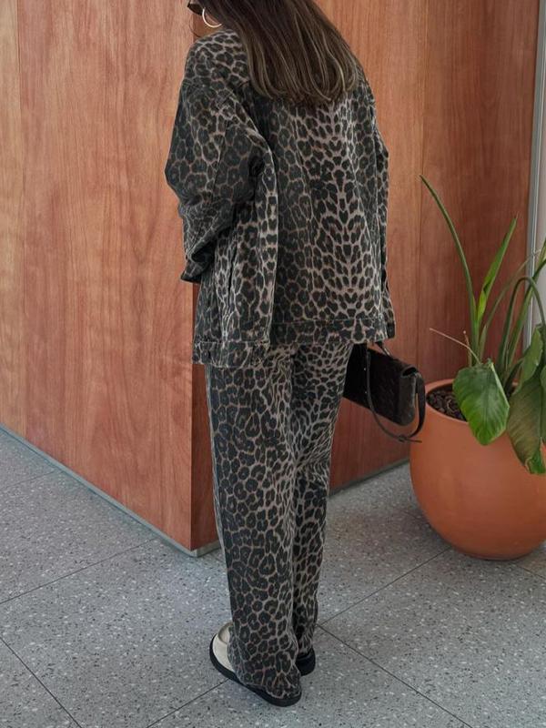 Women's Casual Lapel Single-breasted Leopard Printed Two-piece Suit Cotton Leopard Printed Suit Two-piece