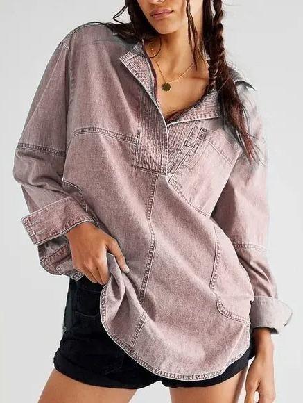 WOMEN'S DENIM V-NECK PULLOVER SHIRT