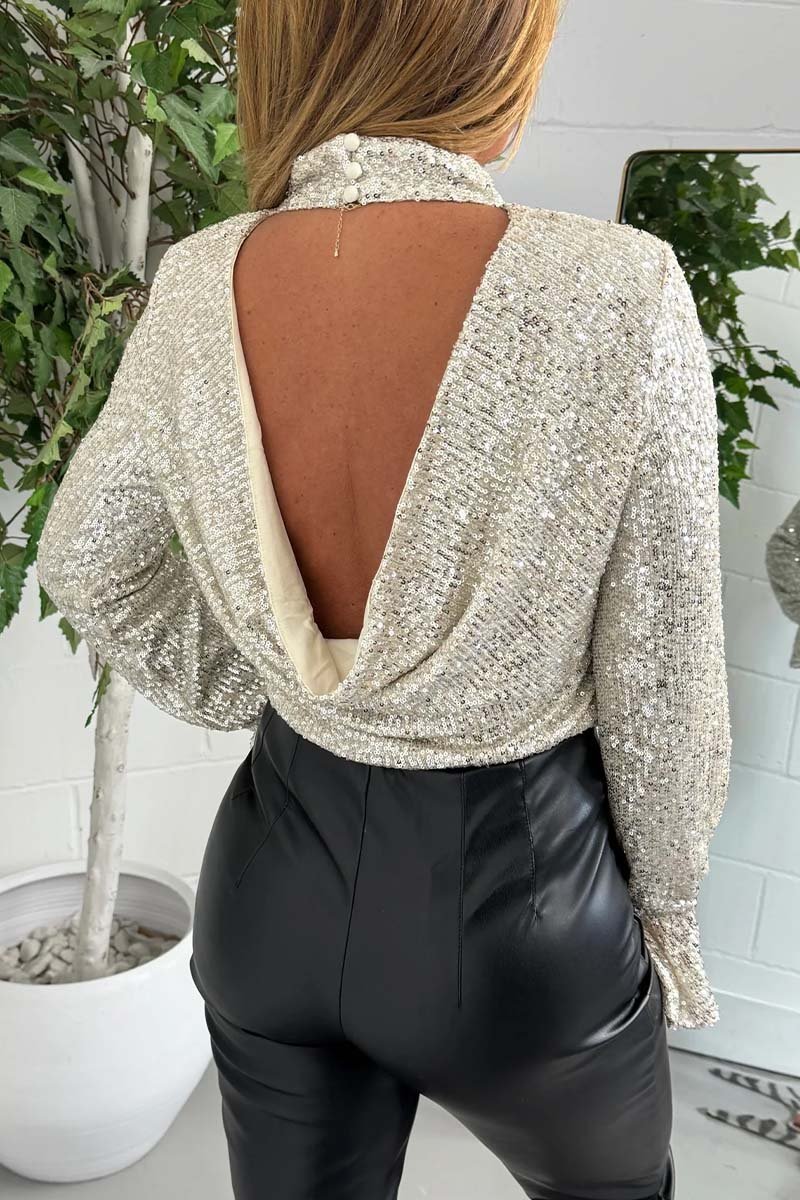 Women's Champagne Bell Sleeve Drape Back Sequin Turtle Neck Blouse Blouse Tops