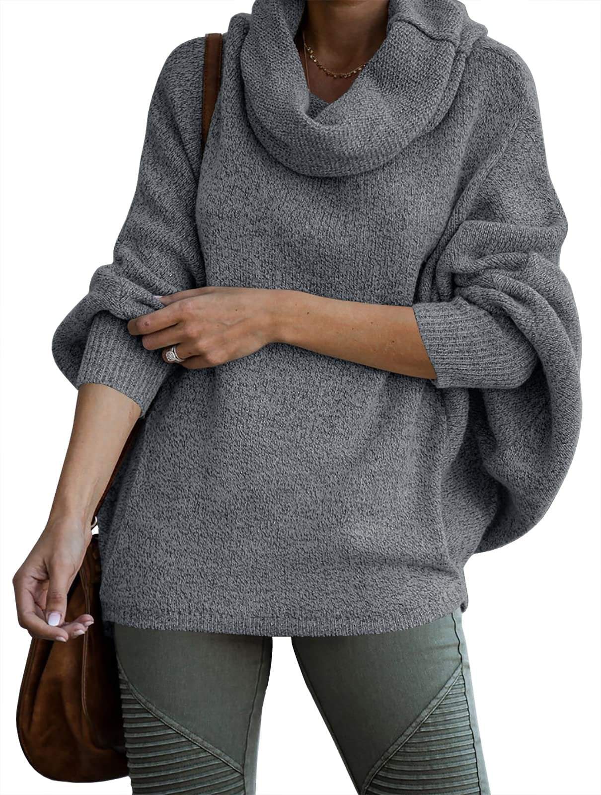 Women's Cowl NeckBatwing Sleeve Pullover Sweater with Pockets tops