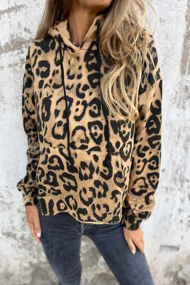 Women 's Leopard Print Hooded Long Sleeved Hoodie Top Hoodies Tops