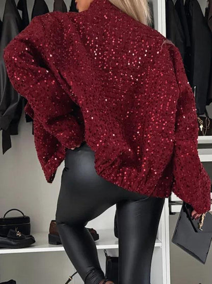 Women's Round Neck Long Sleeve Sequined Casual Coat Coat Tops