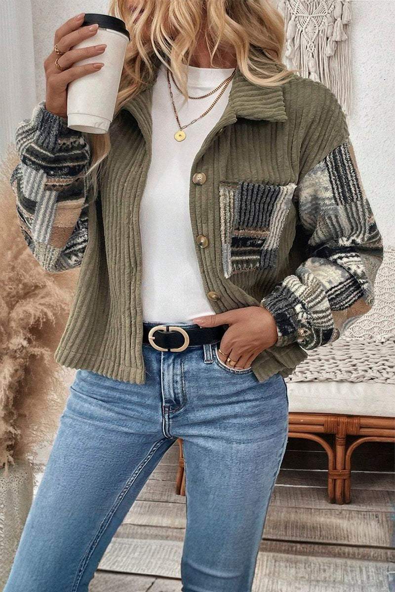 Women's Casual Corduroy Plaid Patchwork Jacket coat Top