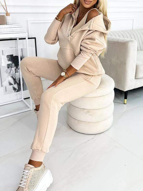 Women's Half-button Hooded Long-sleeved Casual Sports Suit Suit