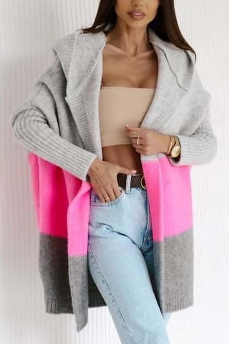 Women's Casual Contrast Color Hooded Sweater Cardigan Cardigans Coats Tops